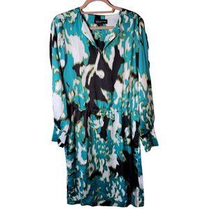 Jones New York Green Black V Neck Elastic Waist Shirt Dress Women Size 4 NWT